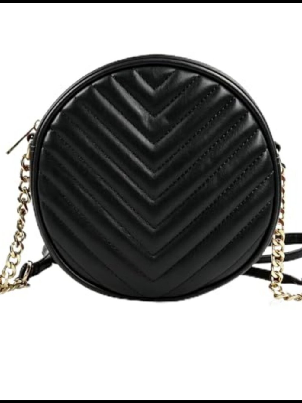 Round Crossbody Bag PU Leather Quilted Metal Chain Strap Zipper Cellphone Purse